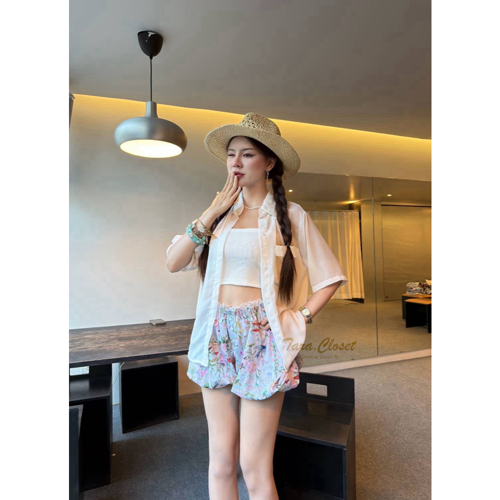 BA121 TARA SET 3 ชิ้น เสื้อเชิ้ตคอปก แขนสั้น กระดุมหน้า ผ้าชีฟอง + เกาะอก + กางเกงขาสั้น ลายดอก ทรงบอลลูน ผ้าไหมอิตาลี