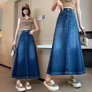 Plus Size~กระโปรงยาว MIDI กระโปรงเอทรง A สูงเอวเดนิม กระโปรงยาวลำลองทรงหลวมแฟชั่นสีน้ำเงินเข้ม กระโปรงสำนักงาน HOT