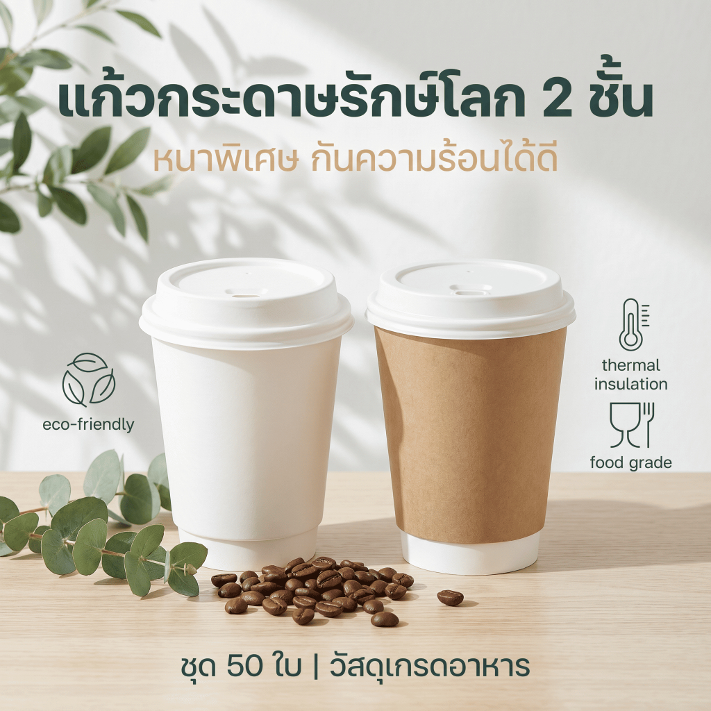 แก้วกาแฟกระดาษ2ชั้น กันความร้อนไม่ร้อนมือ มีฝาแน่น เซต50ใบ เกรดอาหาร ใช้ได้ทั้งบ้านและร้าน