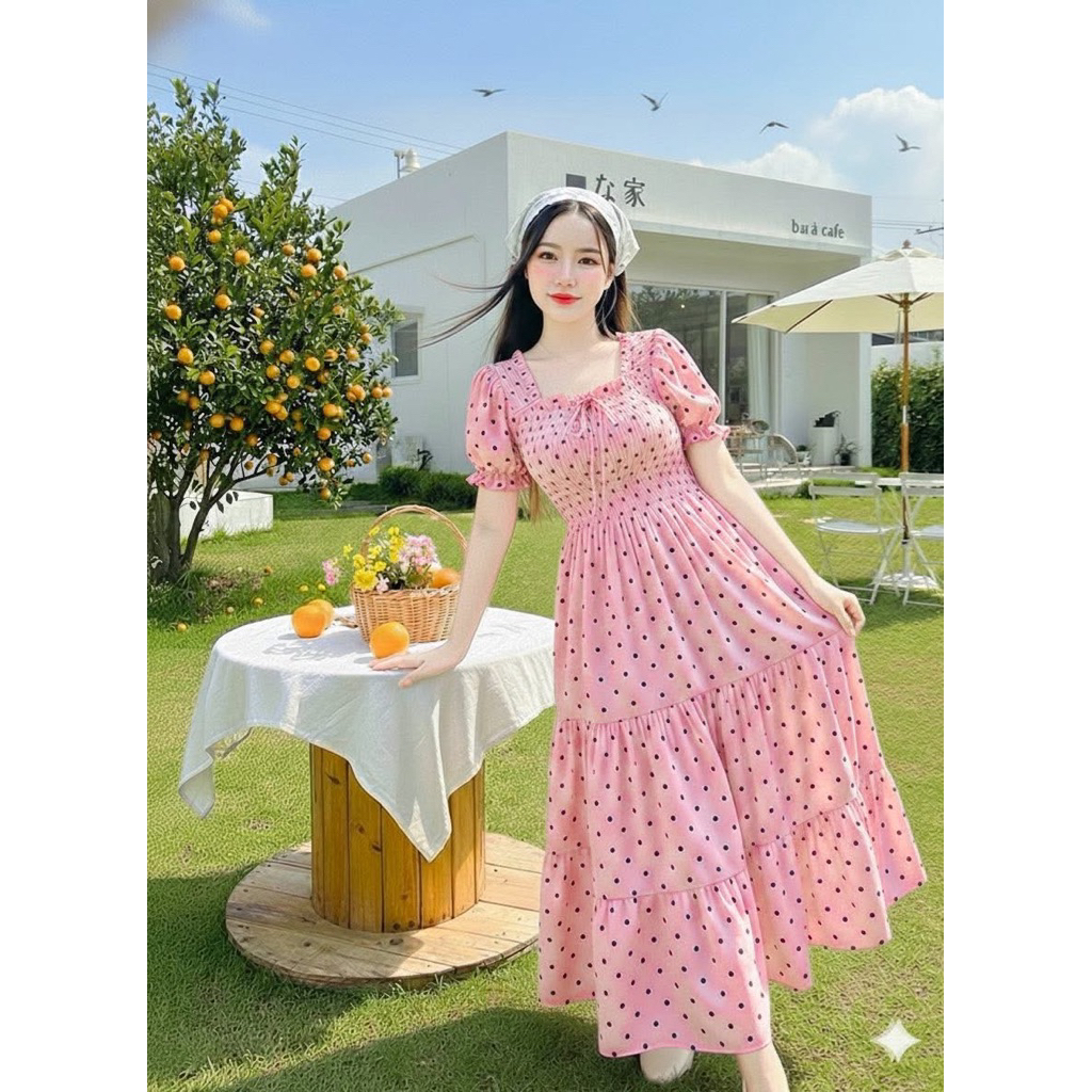 เดรสเจ้าหญิงอกสม็อคลายจุด Dress กระโปรง ผ้าไหมญี่ปุ่นขนาดอก 26-42 เอว 28-40 สะโพก 48 ความยาว 42 ใส่เที่ยว คลุมท้องได้