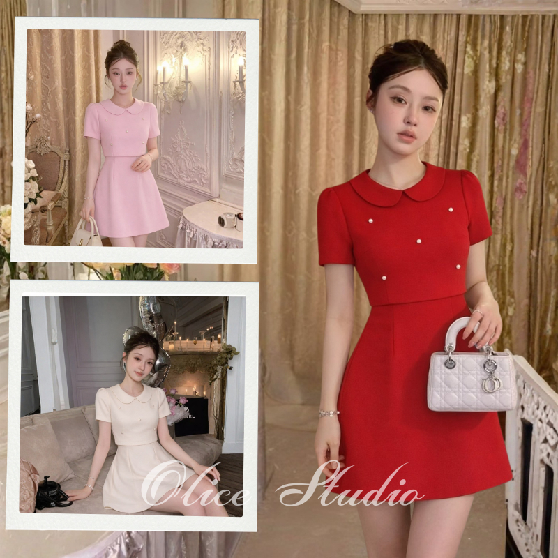 XS-5XL เดรสดีไซน์สองชิ้นหลอก ดีไวน์เสื้อครอปและกระโปรงสั้น คอปกมนพร้อมมุกน่ารัก ใส่ทำงานหรือเที่ยว