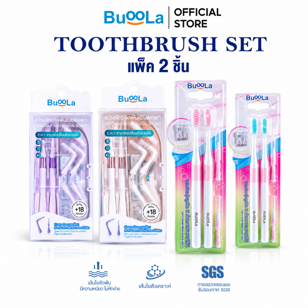 [Set 2 ชิ้น] Buoola แปรงขัดซอกฟันแบบพกพา 1 กล่อง+แปรงสีฟัน 1 แพค ช่วยลดคราบเศษอาหาร ฟันสะอาดสุขภาพดี