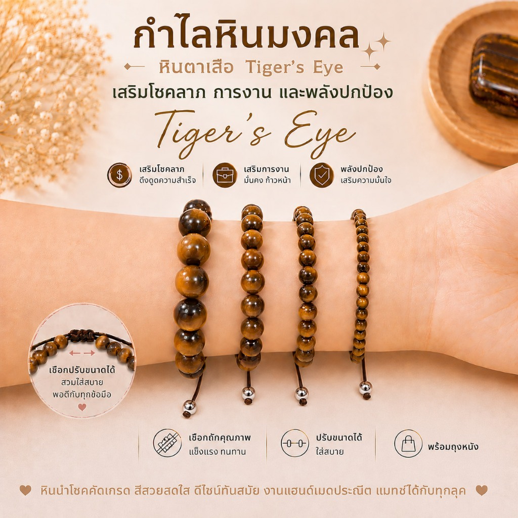 กำไลหินมงคล หินแท้ หินตาเสือ Tiger’s Eye 4 ขนาด | เชือกถัก
