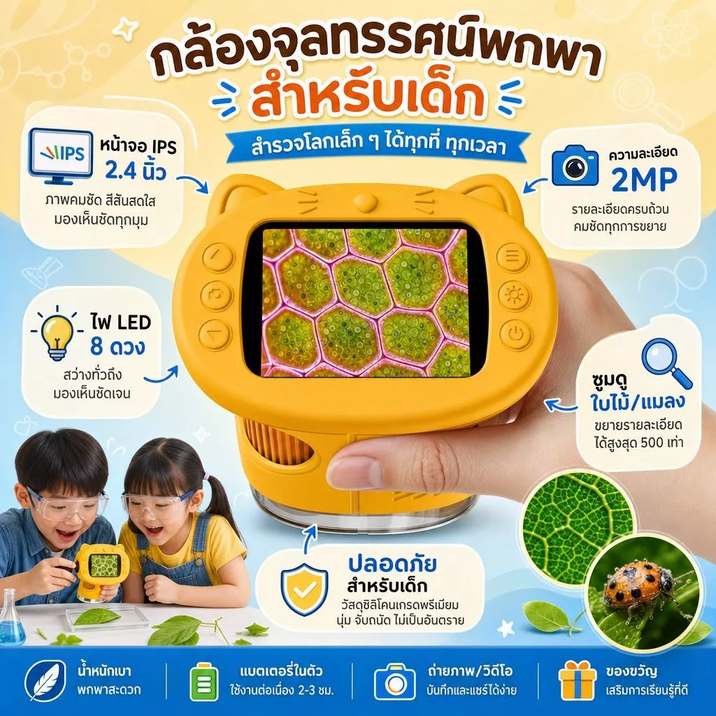 กล้องจุลทรรศน์สำหรับเด็ก กล้องจุลทรรศน์ดิจิทัลขนาด 2.4 นิ้ว กำลังขยาย 1000 เท่า กล้องส่องทางไกลขนาดเล็กพกพา ของเล่นเสริม