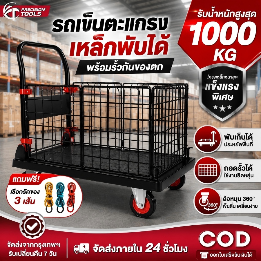 รถเข็นรั้ว รถเข็นแบบมีรั้ว 4ล้อ รถเข็นพับได้ 90*60cm 5/6นิ้ว รับน้ำหนัก 1000KG รถเข็นแบน แข็งแรง ทนท