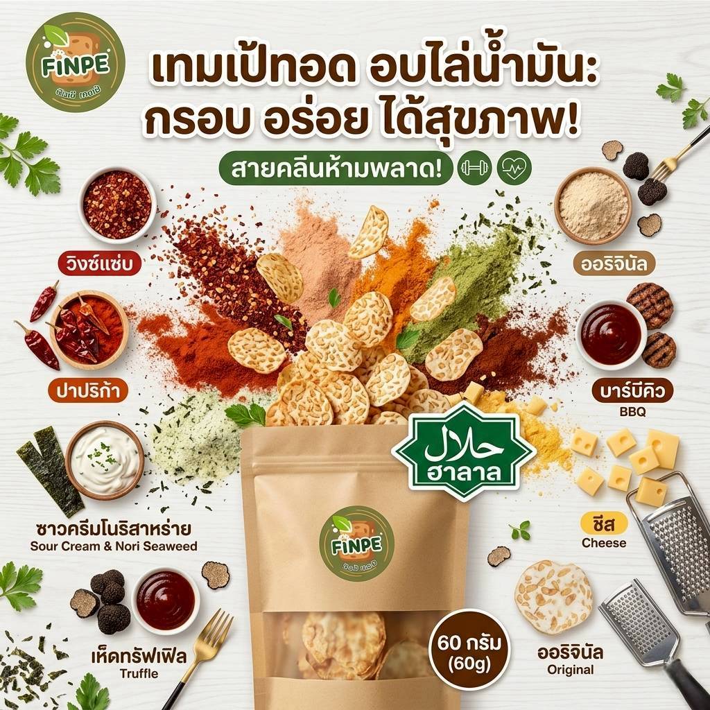 [ซื้อ5 แถม 1] ใหม่!! เทมเป้ทอดกรอบ 60 กรัม อบไล่น้ำมัน ดีต่อสุขภาพ ประโยชน์เยอะ เจ ฮาลาล