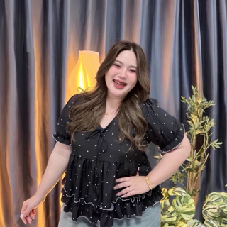 Dottie Blouse (ง64) เสื้อสาวอวบพลัสไซส์ ผ้าพริ้วลายจุด คอผูกโบว์ พรางหุ่น อก38-54 นิ้ว