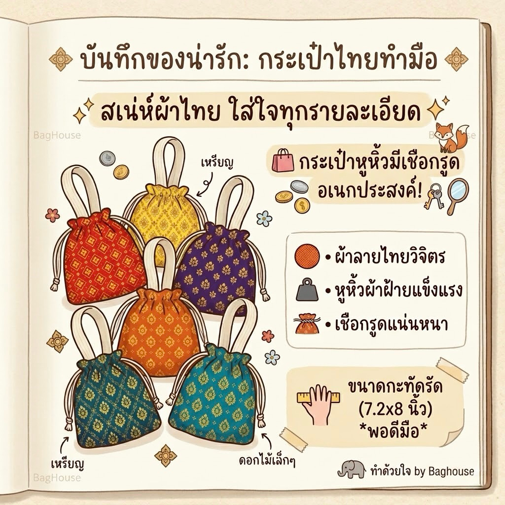 🇹🇭กระเป๋าหูหิ้ว+เชือกรูด คละสีลายไทย ของฝาก ของชำร่วย ของแจก ของแถม งานเกษียณ