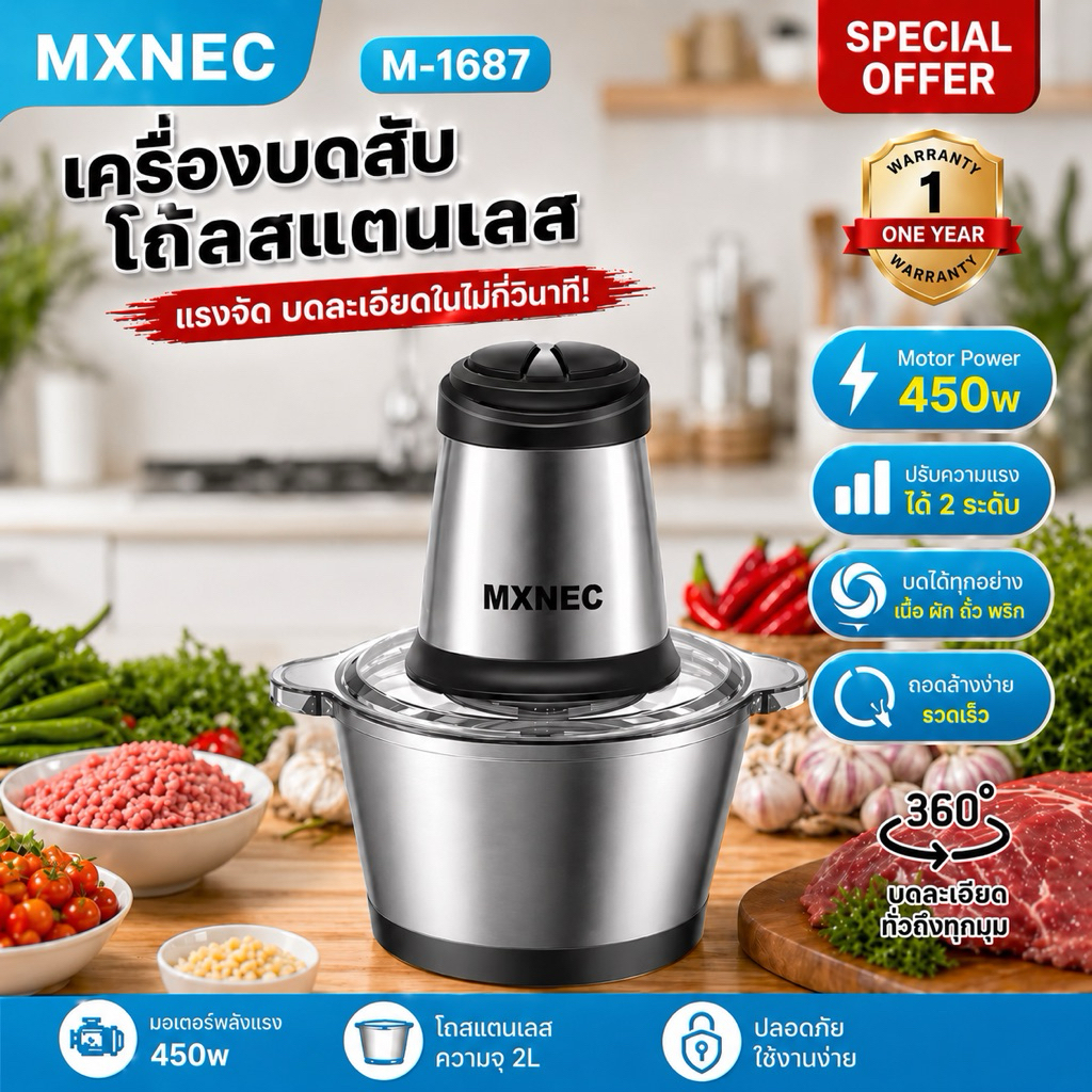 MXNEC รุ่นใหม่ล่าสุด เครื่องบด-สับ ไฟฟ้า โถสแตนเลส รุ่น M-1687