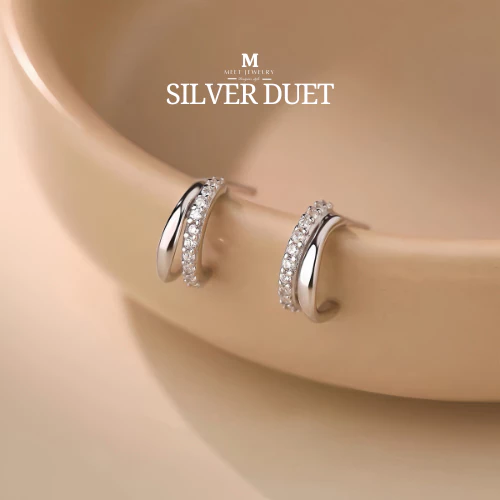 MEET💕ต่างหูเงิน Silver Duet ต่างหูเพชร ต่างหูเก๋ๆ ต่างหูแฟชั่น ตุ้มหูเงินแท้ ต่างหูผู้หญิง ต่างหู