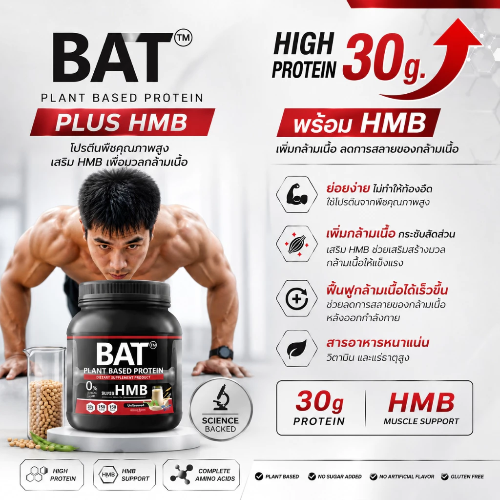 BAT™ โปรตีนพืช + HMB | สูตรกล้ามลีนโปรตีนสูง + HMB ป้องกันการสลายกล้ามเนื้อ ไม่มีน้ำตาล แคลต่ำ thumbnail 3