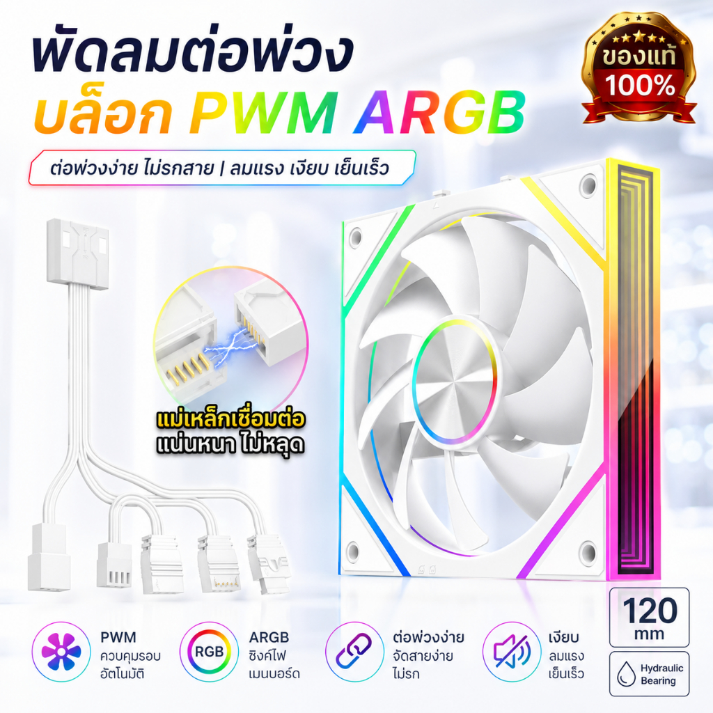 MINGSU พัดลม RGB 120MM PWM ARGB ต่อพ่วงง่าย ไม่รกสาย แม่เหล็กล็อกแน่น รองรับชุดคอมเกมมิ่ง GEN8
