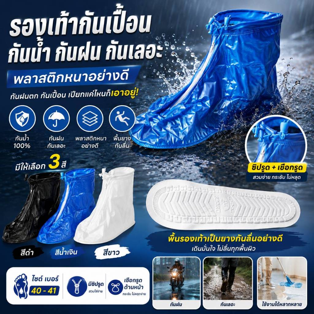 รองเท้ากันฝน รองเท้ากันเปื้อน มีซิปรูด มีเชือดรูด พลาสติกอย่างดี