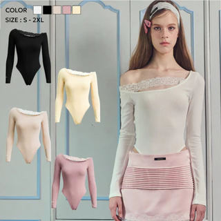 Beminginnerwear002(S-2XL)-Lacezi Bodysuit - บอดี้สูทแขนยาว ดีไซน์คอปาดแต่งลูกไม้