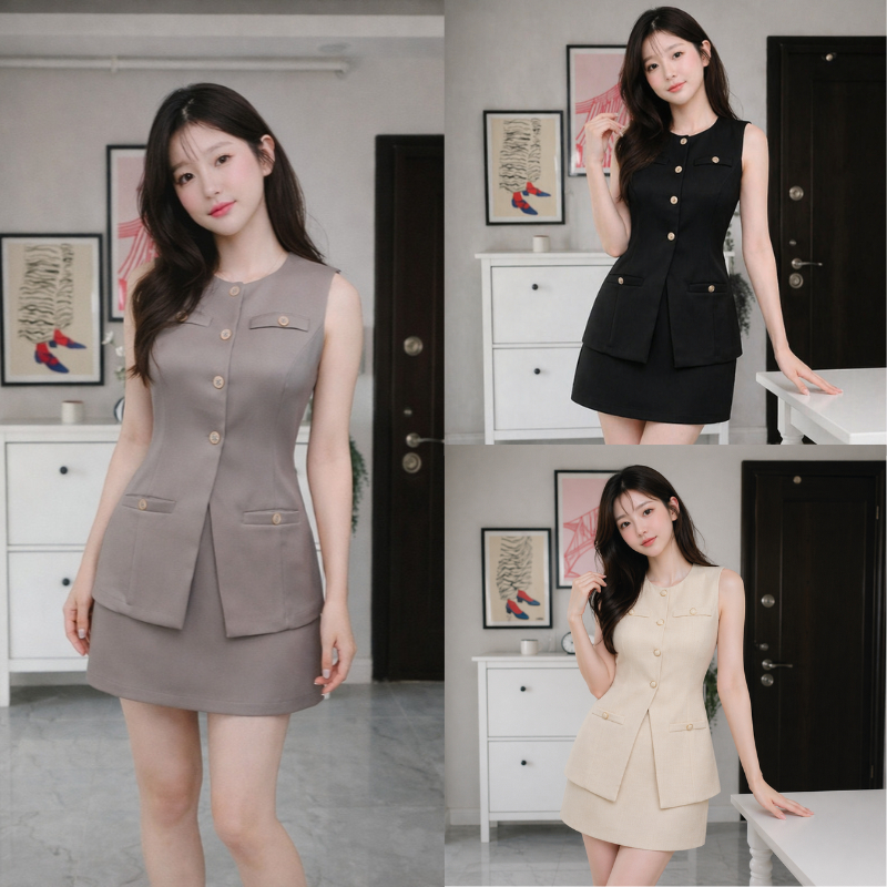 พร้อมจัดส่ง (S-5XL) เซ็ตใหม่ กระโปรง+เสื้อแขนกุด ซับเป็นกางเกง เอวยืด ซิบข้าง ดูดี ได้ทุกสถานการณ์ 🤩🎀