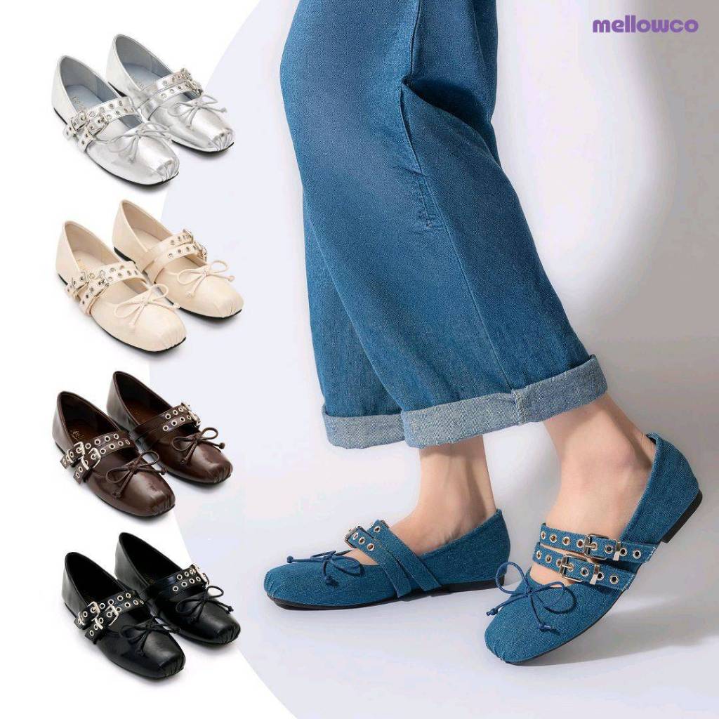 Mellowco รองเท้าบัลเล่ต์ส้นเตี้ย Ballet หนัง PU สูง1นิ้ว สายคาดเข็มขัด รุ่น Lily Classic M8-4427