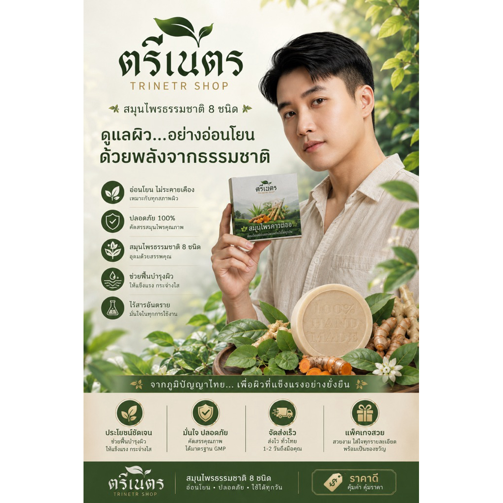 5 แถม 1 ฟรี ถุงตีฟอง สบู่คาวตอง ตรีเนตร