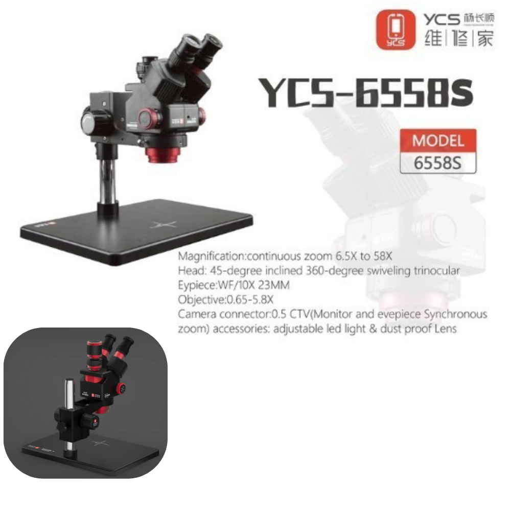 กล้องจุลทรรศน์ YCS 6558S พร้อมฐานขนาดใหญ่ 6.5-58 ซูม 4K กล้องสําหรับโทรศัพท์มือถือ PCB