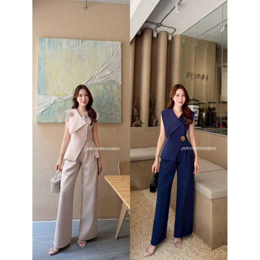 D6 งานป้าย Jariya Set ชุดเซ็ท 3 ชิ้น เสื้อ กางเกงขายาว เข็มกลัด สำหรับผู้หญิง เสื้อผ้าแฟชั่นผู้หญิง 