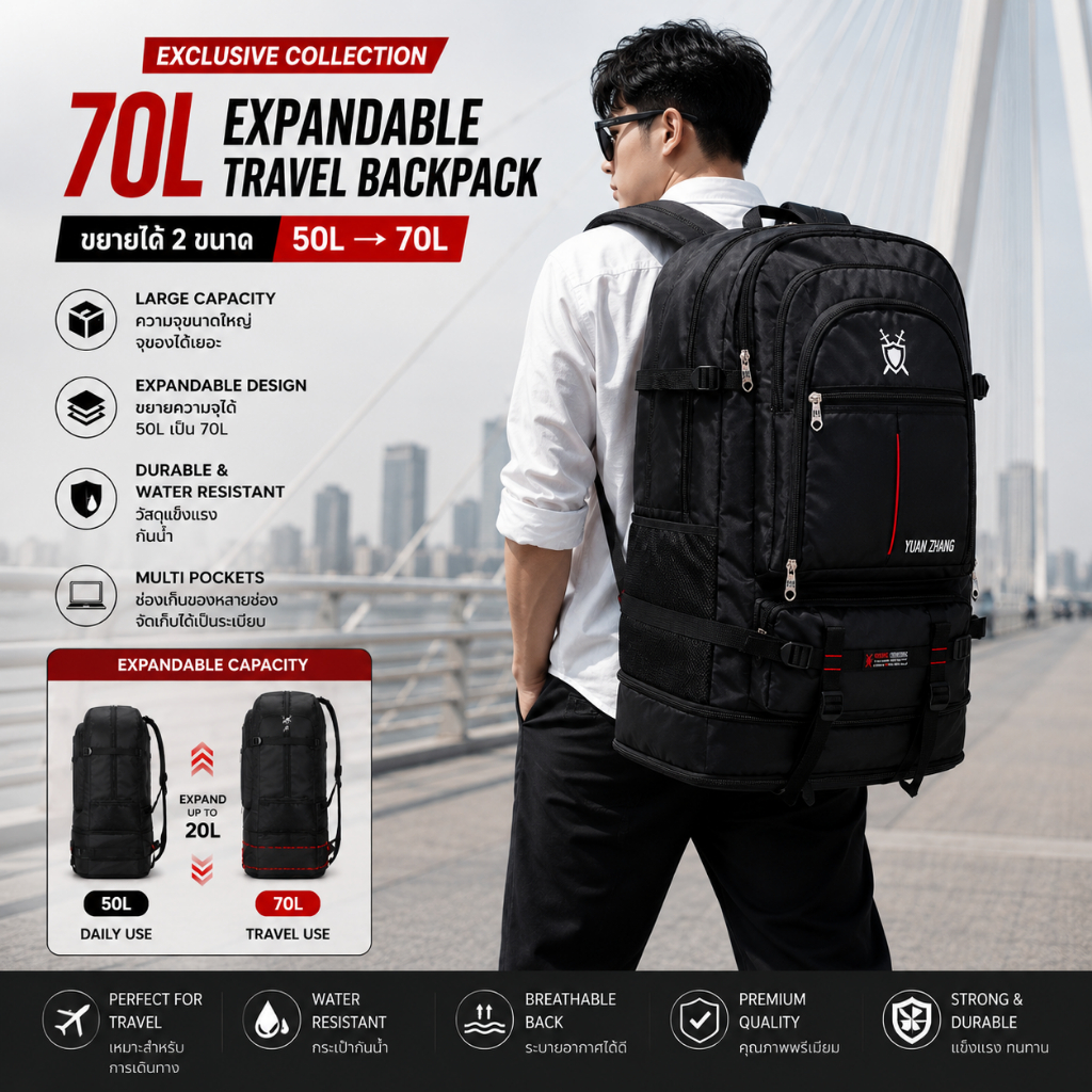 กระเป๋าเดินทาง 50L-70L กระเป๋าเป้ Backpack กันน้ำ สีดำ ใบใหญ่ ปรับได้ 2 ระดับ จุของเยอะ เดินป่า แคมป์ปิ้ง Outdoor