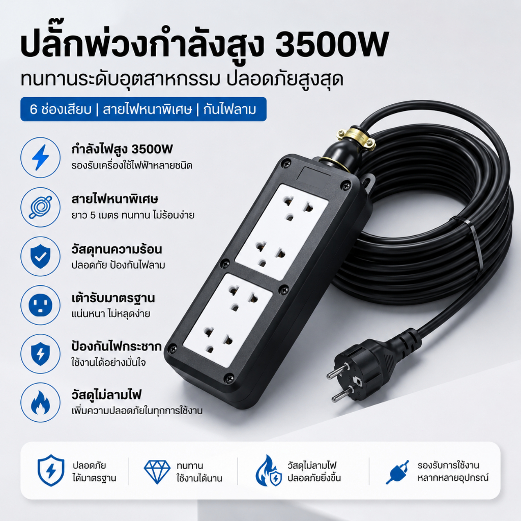 ปลั๊กไฟต่อพ่วง 3500W 4ช่อง 2USB สายยาว 5-30เมตร ปลอดภัย ป้องกันไฟไหม้ ทองแดงคู่