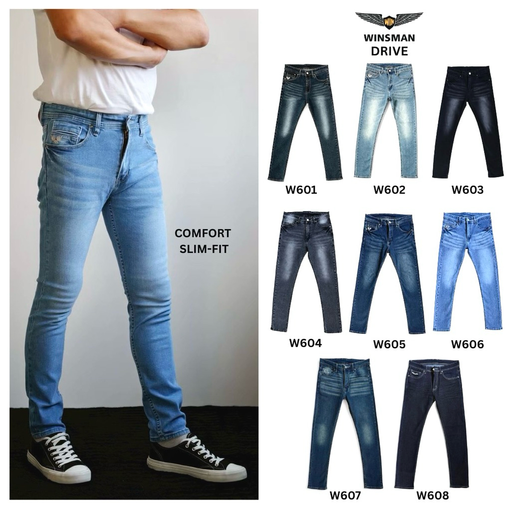 WINSMAN DRIVE กางเกงยีนส์ชายทรงสลิมฟิต(Comfort jeans slim-fit)ผ้ายืดหนานุ่ม 12.5 ออนซ์ขอบสองชั้นเป้าซิป