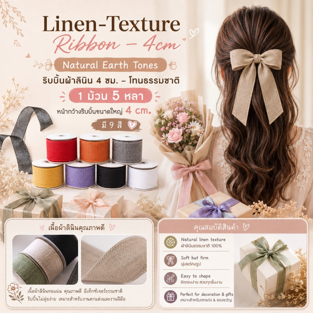 1 ม้วน【5 หลา】* ริบบิ้นผ้าลินิน 4 ซม. – โทนธรรมชาติ (Linen-Texture Ribbon – 4cm Natural Earth Tones) 
