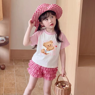 PRINCESS KESLI เสื้อยืดเด็กผู้หญิง เสื้อยืดเด็ก เสื้อแขนสั้นเด็ก ลายหมีน่ารัก ผ้าฝ้ายนุ่ม คอตวกลม 2-12 ปี