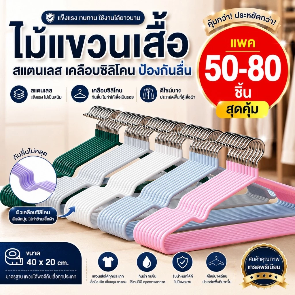 [แพค 50-80 ชิ้น] ไม้แขวนเสื้อ สแตนเลส เคลือบซีลีโคน ป้องกันลื่น ไม้แขวน ขนาด (40*20cm) ขายดีพร้อมส่ง
