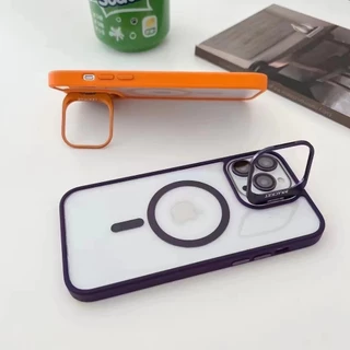 เคสดูดแม่เหล็กกันกระแทกสำหรับ iPhone 16 11 12 15 Pro Max 16 Plus พร้อมขาตั้งโลหะ, เลนส์ป้องกันรอยขีดข่วนในตัวฟิล์มแก้ว