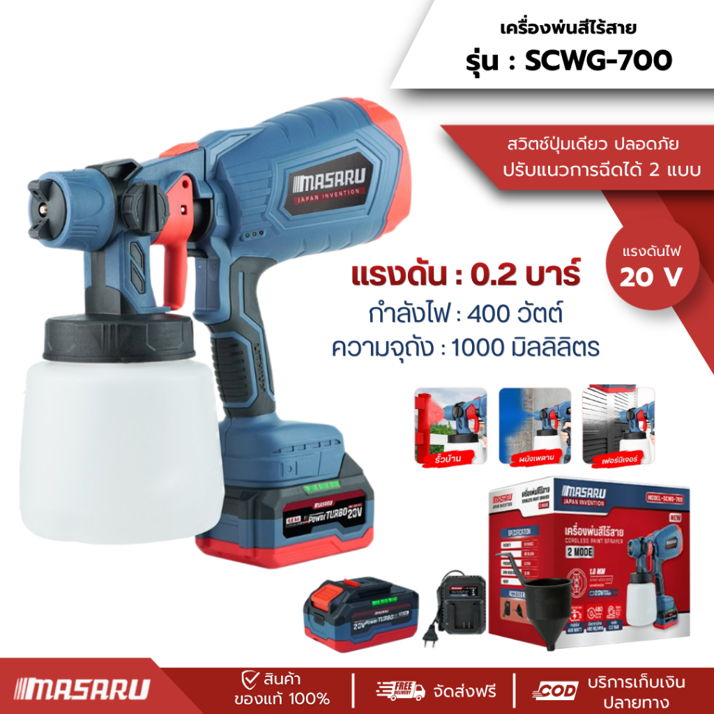 MASARU รุ่น SCWG-700 เครื่องพ่นสีไร้สาย กาพ่นสีไร้สาย อุปกรณ์ทาสี ใช้ได้ทั้งสีน้ำ/สีน้ำมัน