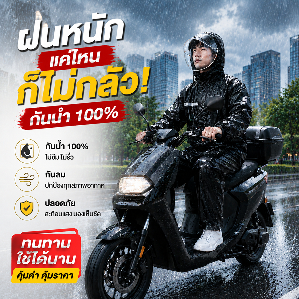 ชุดกันฝนพรีเมี่ยม ผ้าหนา กันน้ำ100% มีแถบสะท้อนแสง กันลม รุ่นไฮเอนด์ เสื้อผ้า + กางเกง