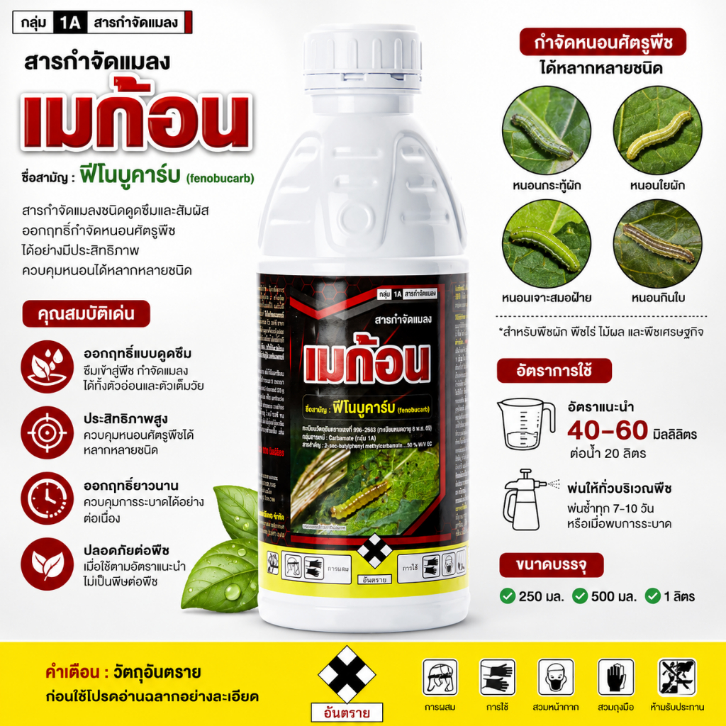เมก้อน สาร ฟีโนบูคาร์บ 50% EC สารป้องกันกำจัดแมลง หนอน เพลี้ย มอด ปลวก ขนาด 1 ลิตร วอพ อะโกรเคมิคอล