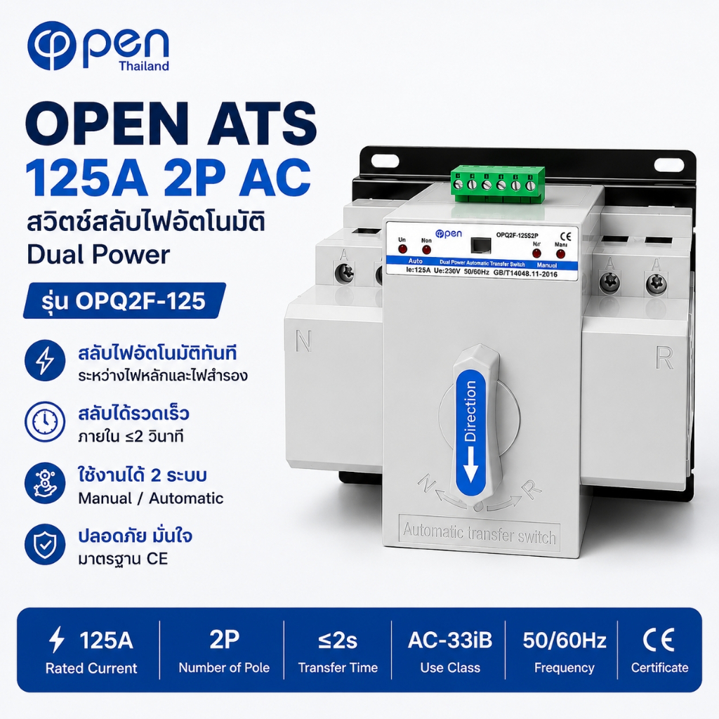 OPEN OPQ2F-125 ATS AC 125A 2P 220V สวิตช์สลับไฟอัตโนมัติ Dual Power ประกันศูนย์ 2 ปี