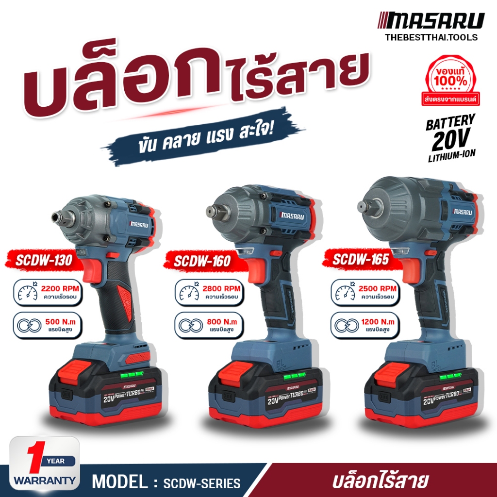 Masaru บล็อกไฟฟ้า 1200 nm 20V รุ่น SCDW130/160/165 บล็อก BRUSHLESS บล็อกไร้สาย บล็อกสว่าน PowerTurbo