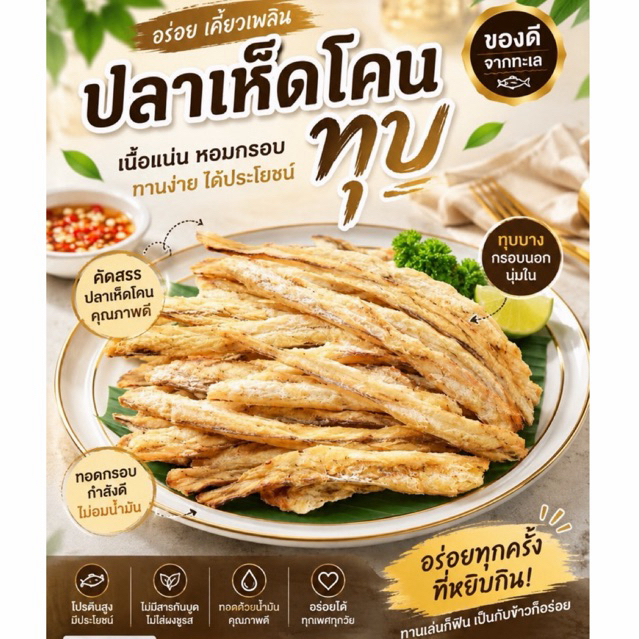 🐟ปลาเห็ดโคนทุบ เกรดพรีเมี่ยม 1  ถุง 100 กรัม จากปลาเห็ดโคน 100%