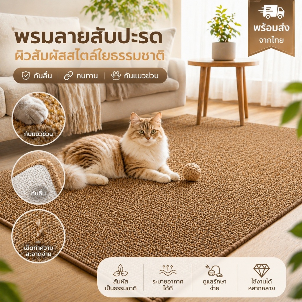 พรมลายสับปะรด ผิวสัมผัสสไตล์ใยธรรมชาติ กันลื่น ทนทาน กันแมวข่วน เหมาะสำหรับห้องนั่งเล่นและมุมพักผ่อน