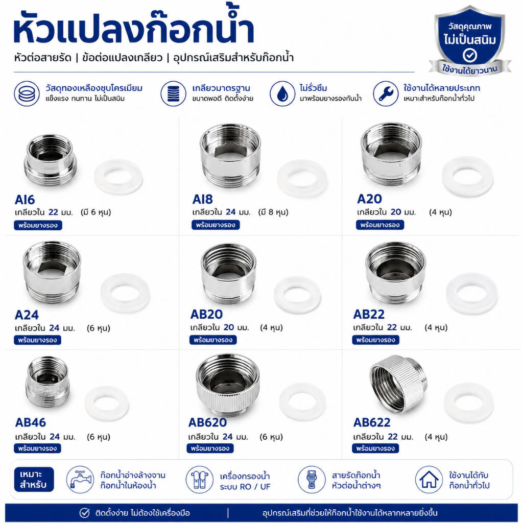 หัวแปลงก๊อกน้ำ หัวต่อสายรัด ข้อต่อแปลงเกลียว ข้อต่อ อุปกรณ์เสริมสำหรับก๊อกน้ำ