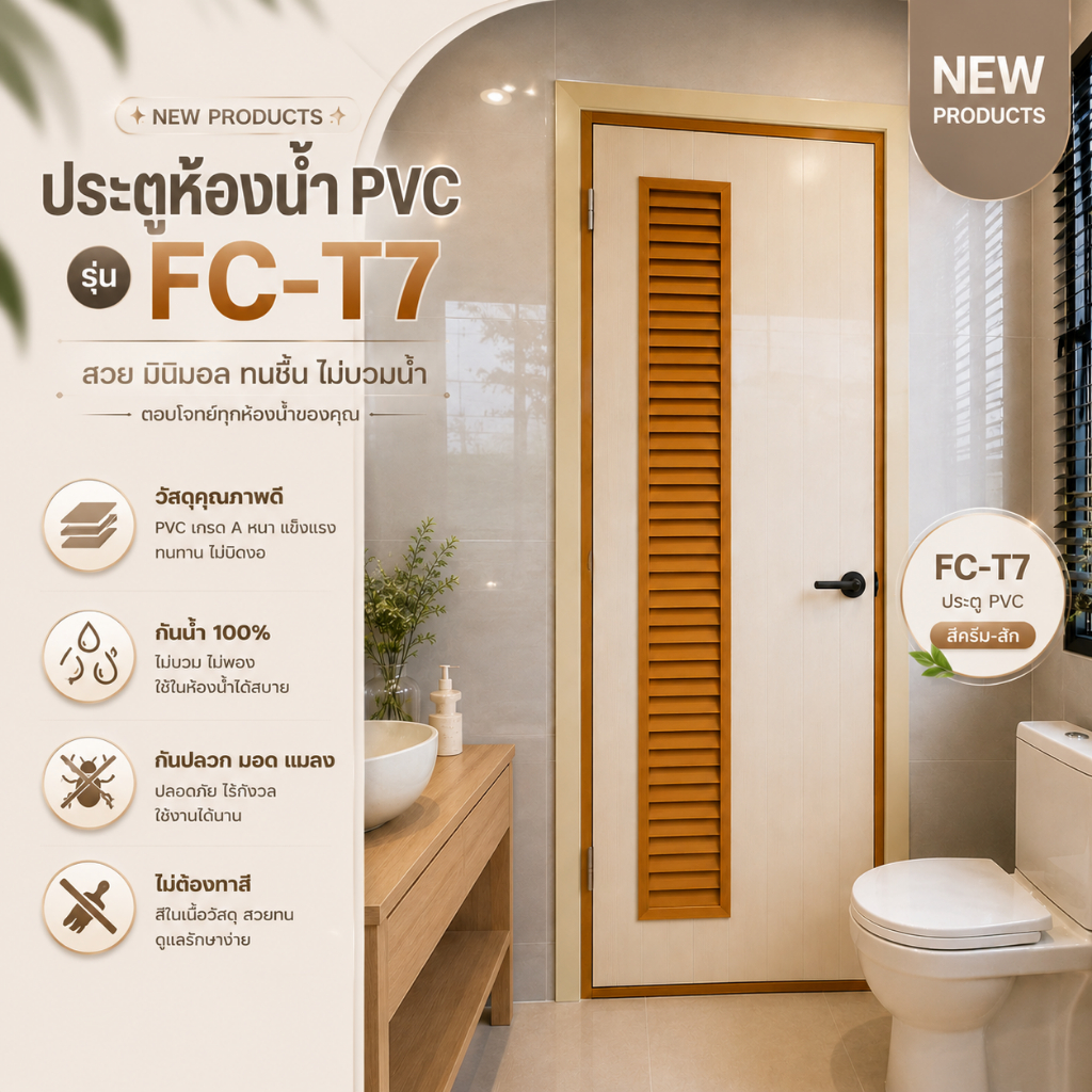 บานประตู PVC รุ่น FC-T7 สีครีม/สัก เกล็ดข้างตลอดบาน ขนาด 70x180cm. 70x200cm. และ80x200cm. (เฉพาะบาน)