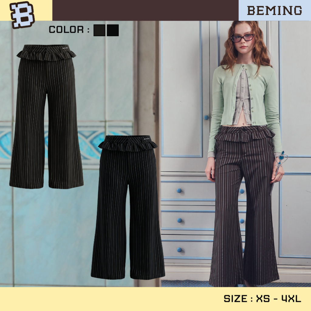 Bemingpants087(XS-4XL)-Lulaby Pants - กางเกงขายาวลายทางดีไซน์แต่งระบายเลเยอร์