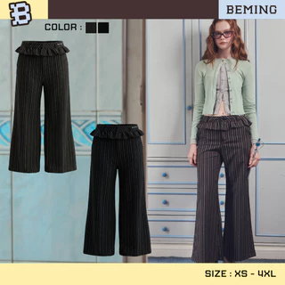 Bemingpants087(XS-4XL)-Lulaby Pants - กางเกงขายาวลายทางดีไซน์แต่งระบายเลเยอร์