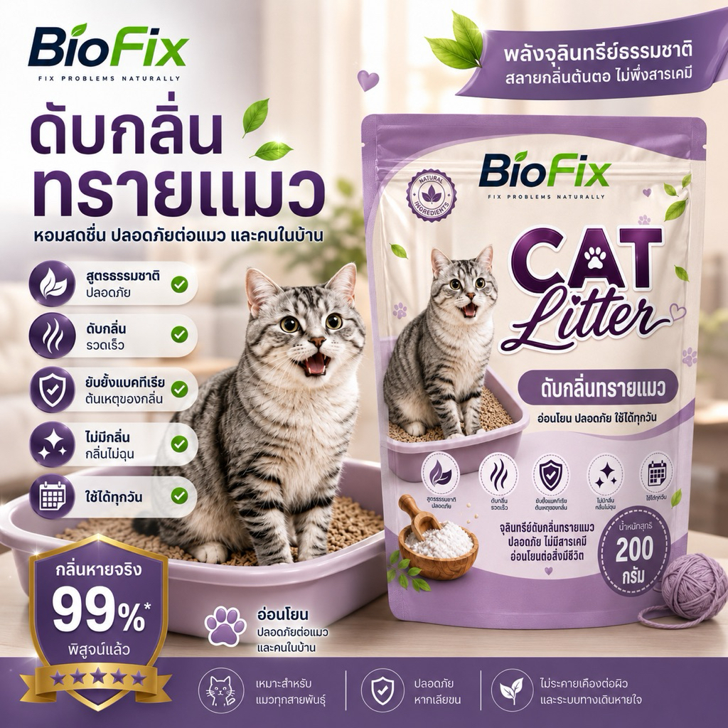 BioFix จุลินทรีย์ดับกลิ่นทรายแมว 200g ดับกลิ่นเหม็น กระบะทรายแมว สูตรธรรมชาติ ปลอดภัยต่อแมว ลดกลิ่นฉี่แมว