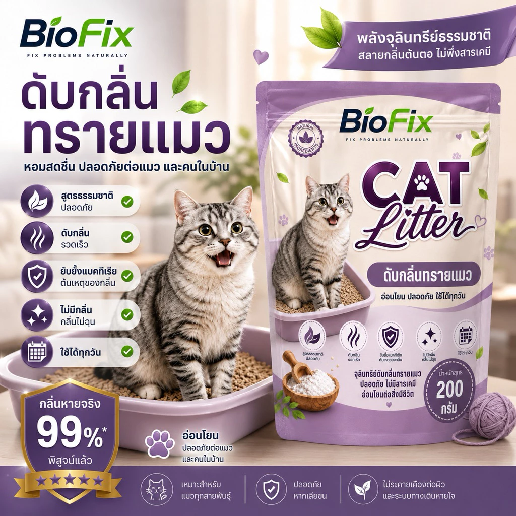 BioFix จุลินทรีย์ดับกลิ่นทรายแมว 200g ดับกลิ่นเหม็น กระบะทรายแมว สูตรธรรมชาติ ปลอดภัยต่อแมว ลดกลิ่นฉี่แมว
