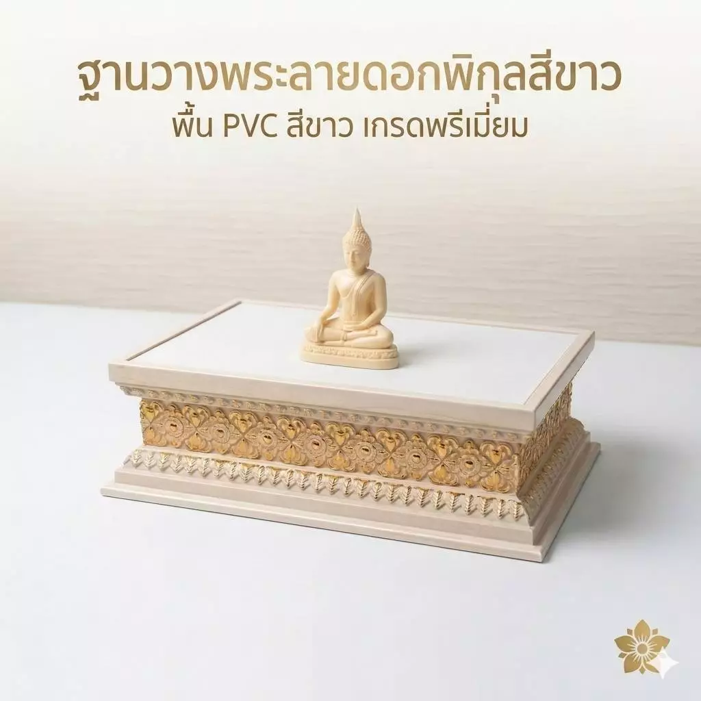 ฐานวางพระลายดอกพิกุลสีขาว พื้น PVC สีขาว เกรดพรีเมี่ยม ฐานสูง 2 นิ้ว