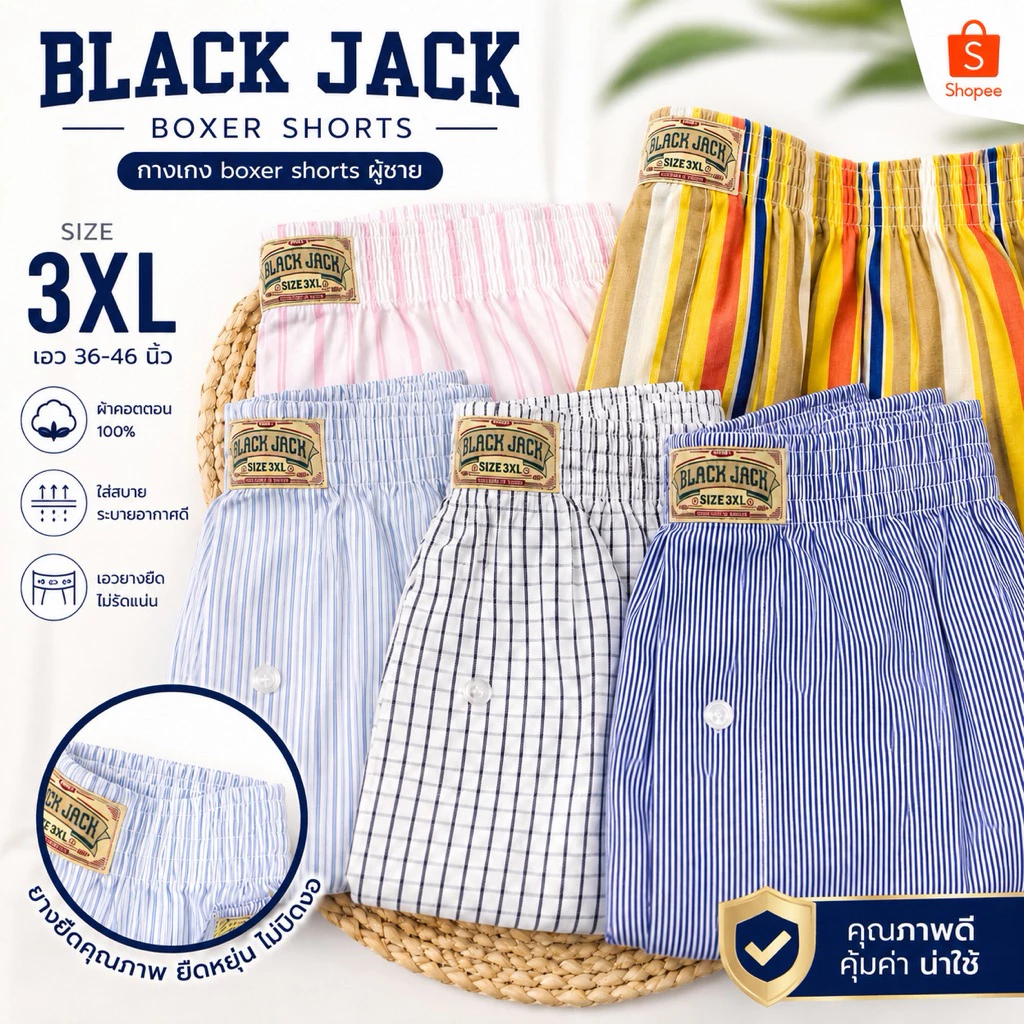 Boxer black jack ไซร์ใหญ่(3XL)กางเกงบ๊อกเซอร์บิ๊กไซร์ สไตล์เกาหลีขนาดใหญ่ใส่สบาย กางเกงขาสั้นไม่ร้อน
