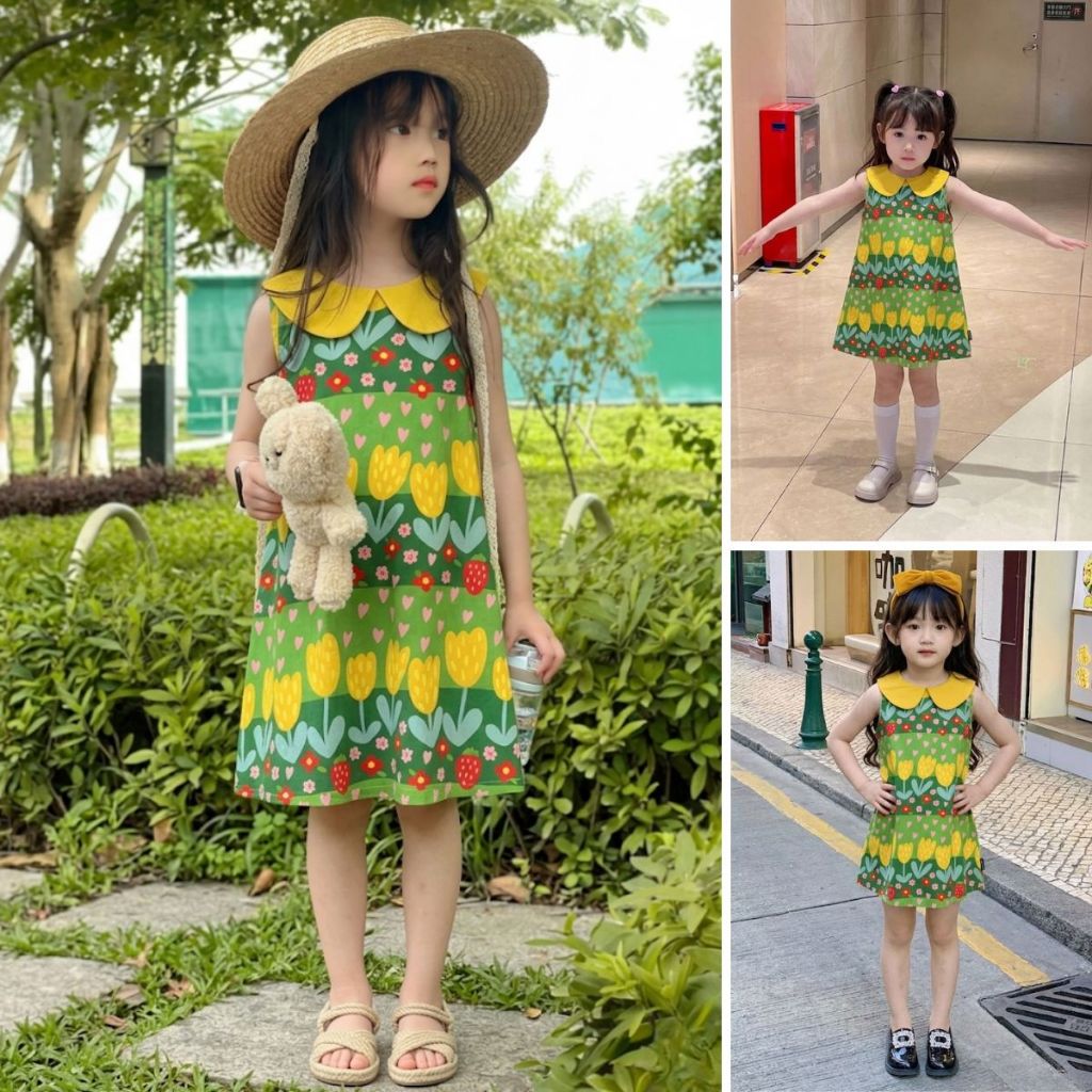 Hanababywear ชุดเดรสกระโปรงสีเขียว ลายดอกไม้ สไตล์เกาหลี ชุดเดรสสำหรับเด็ก พร้อมส่งในไทย K4124991