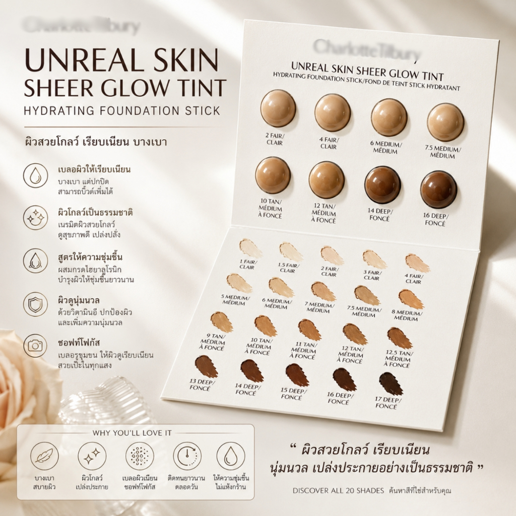 Unreal Skin Sheer Glow Tint Hydrating Foundation Stick Sample Card รองพื้นเบลอผิว