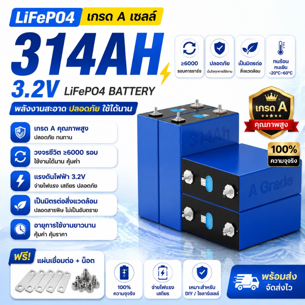 CATL 314Ah LiFePo4 แบตเตอรี่ลิเธียมฟอสเฟตใหม่ 3.2V 314AH แบตลิเธี่ยม lifepo4 battery 24v แบตเตอรี่ ล