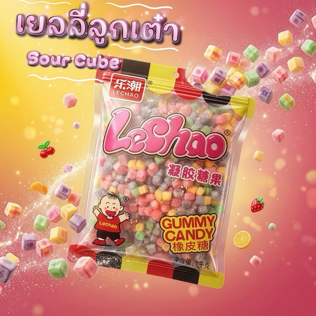 เยลลี่ลูกเต๋า Lechao 1 Kg รวมรสชาติสุดฟิน รูปทรงสีเหลี่ยมเคลือบน้ำตาล เคี้ยวสนุก รสชาติสุดฟิน ต้องมีติดบ้าน