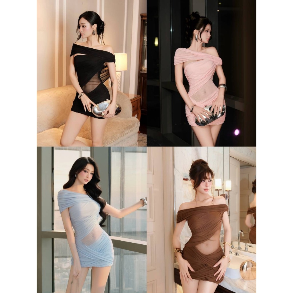 TBB Brand: มินิเดรสปาดไหล่ตาข่ายผ้ายืดนิ่ม ดีไซต์ผ้าซีทรูช่วงเอว
